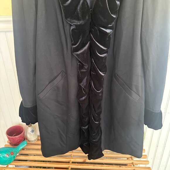INC International Concepts Black Velvet-Trimmed Coat With Ruffled Collar & Cuffs - Picture 6 of 6